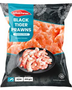 Crown Farms Black Tiger Cooked Prawns 31/40 Tail Off 200g